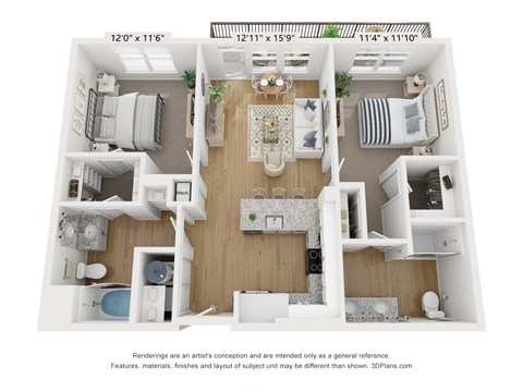 Floor plan for 2 beds, 2 baths, 999 sqft